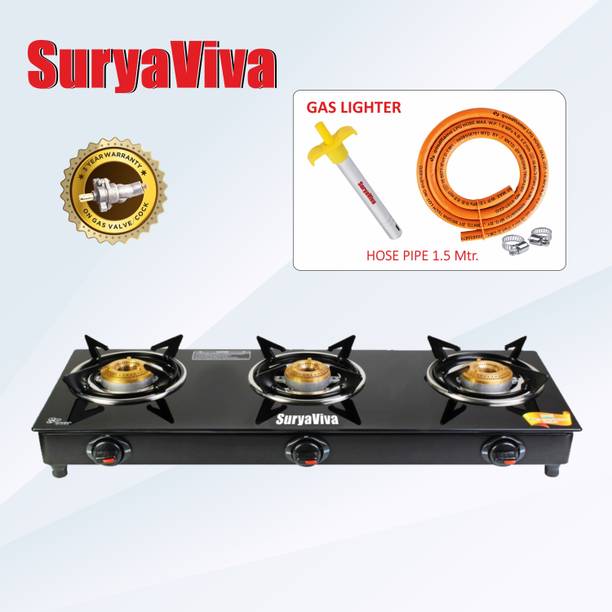 SURYAVIVA Photon 3Burner(Hose pipe + Lighter) Manual glass Glass Manual Gas Stove