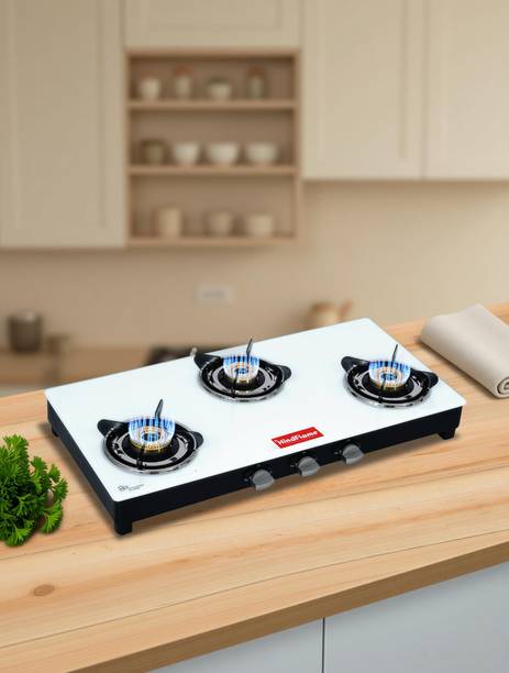 Hindflame 3 Burner White Toughened Glass Manual Gas Stove