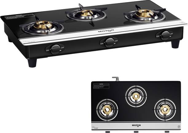 MILTON Ignis Pro 3 Burner Auto Ignition Gas Stove | ISI Certified | 6mm Toughened Glass Glass Automatic Gas Stove