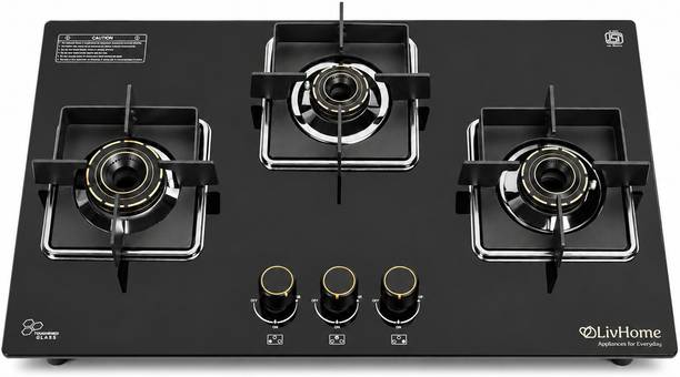 LivHome Vetro Hybrid 3BAutoIgnition GasHob ToughenedGlass,3Burners Gasstove|5YrsWarranty Glass Automatic Hob