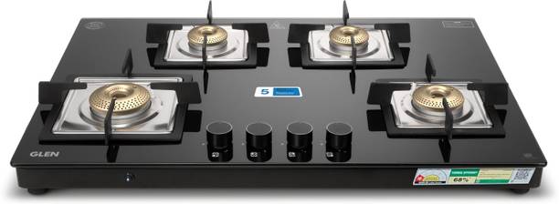 Glen Ultra Slim Premium Gas Stove 75 cm | 8mm Toughened Glass | Forged Brass Burner I Glass Automatic Gas Stove