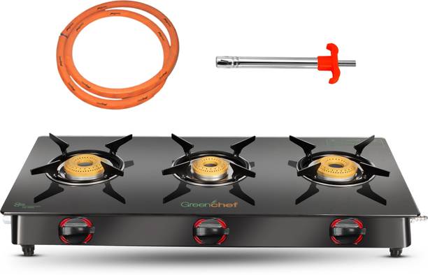 ग्रीनशेफ Ebony Pro 3BR ( Hose Pipe + Lighter ) ग्लास मैनुअल गैस चूल्हा