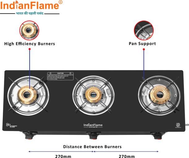 Balajiflame Black Heavy Glass With Jumbo Brass Burner Glass Manual Gas Stove