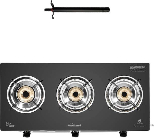 Sunflame Maleo 3 Burner Gas Stove with Lighter Glass Manual Gas Stove