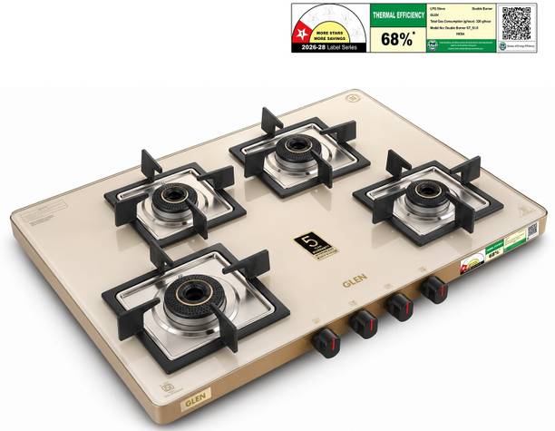 Glen Ultra Slim Apricot Glass Gas Stove 1 High Flame 3 Forged Brass Burner CT1047USAC Glass Manual Gas Stove