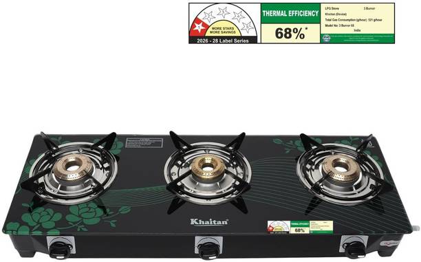 Khaitan 3 Burner BP-GIO MS Green Digital Toughend Glass Manual Gas Stove
