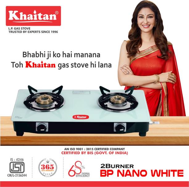 खेतान 2 Burner Nano White ग्लास मैनुअल गैस चूल्हा