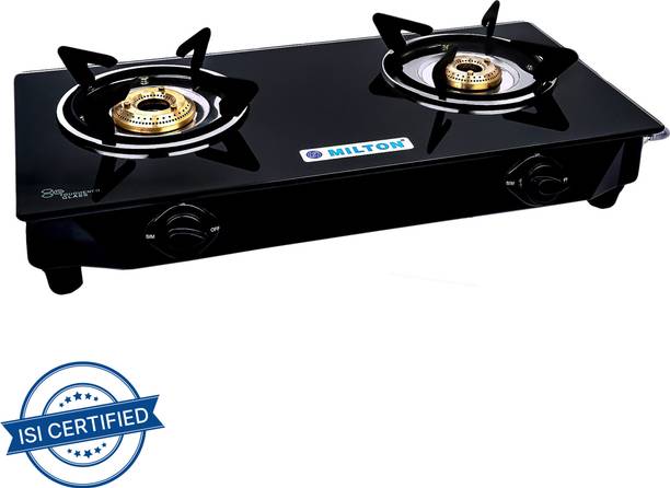 मिल्टन Nano 2 Burner MS Frame Glass Top Gas Stove with Brass Burners मैनुअल गैस चूल्हा