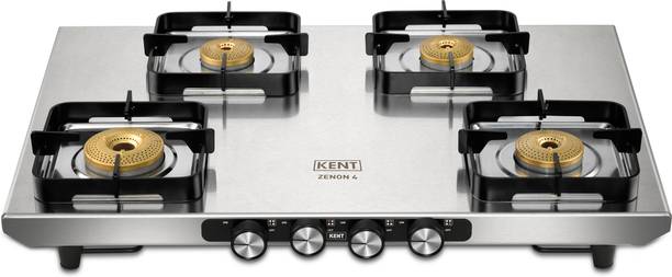KENT Zenon Gas Stove 4 Burner | Toughened SS Top 2mm | SABAF Italian Gas Valve Stainless Steel Manual Gas Stove