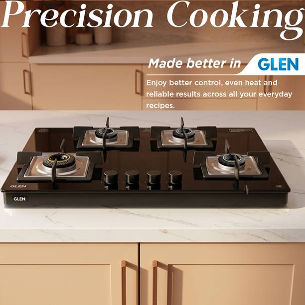 Glen 4 Burner Ultra Slim Glass Gas Stove with High Efficiency Forged Brass Burners Glass Manual Gas Stove