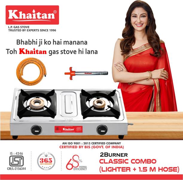 Khaitan 2B Classic + 1 HF Lighter + 1 HF Hose pipe ISI Manual Gas Stove Stainless Steel Manual Gas Stove