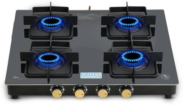 CELLO Black Pearl 4 Burner Toughened Glass Top Gas Stove, Brass Burners, Black Finish Glass Manual Gas Stove