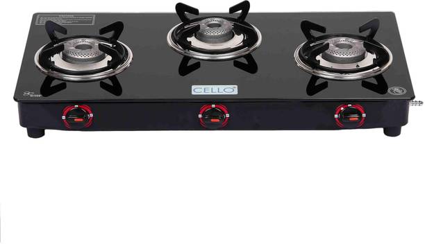 CELLO Gem 3 Burner Black Manual Ignition LPG Glass Top Gas Stove, ISI Certified Glass Manual Gas Stove