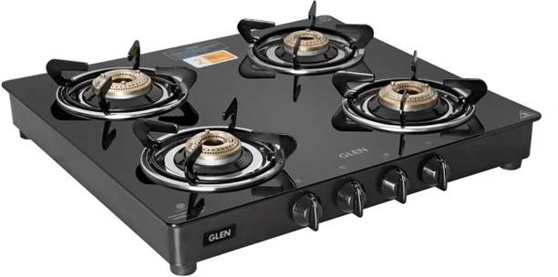 ग्लेन Gas Stove 4 Burner Glass Top Fuel Efficient Brass Burners 2 Year Warranty मैनुअल गैस चूल्हा