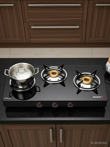 SUJATA Gas Stove 3 Burner |Gas Chulha for Kitchen | ISI Certified |LPG & PNG Compatible Glass Manual Gas Stove