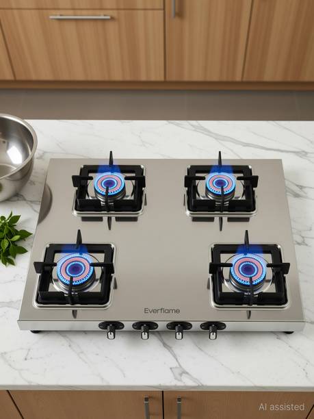Everflame Prime 4 Burner Gas Stove | ISI Certified | 1.2mm Thick Body | 2 Years Warranty Stainless Steel Manual Gas Stove