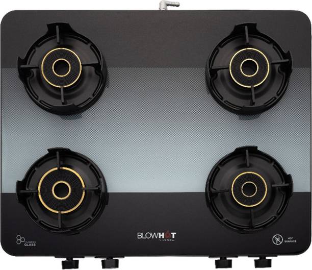 BLOWHOT Sapphire 4 Tornado Brass Burners, 5-Year Warranty, Premium Design, Toughened Glass, Aluminium Manual Gas Stove