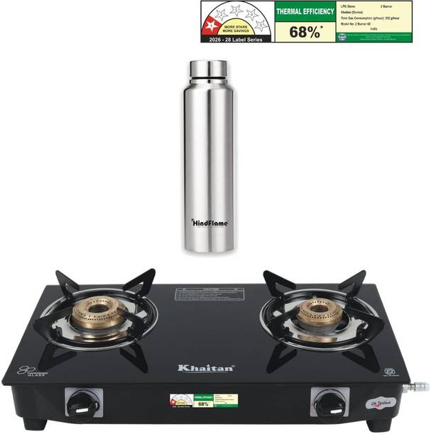 Khaitan 2 Burner Nano Black Premium Glass Stove + 1 Hindflame 1 L Stainless Steel Bottle Glass Manual Gas Stove