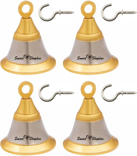Smart Shophar Jingle Bell 1.5 Inches, Heigth 2.05 Inches Gold Silver, Pack of 4 With Cup Hooks Brass, Silver Pooja Bell