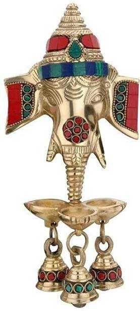 Cave Gemstone Work Brass Ganesha Wall Hanging Diya With Bell Brass Pooja Bell