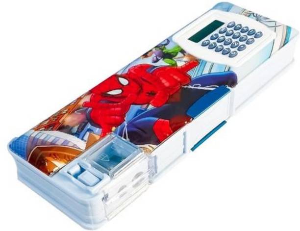 knob Spiderman Pencil Box with Calculator & Dual Sharpener for Kids Geometry Box