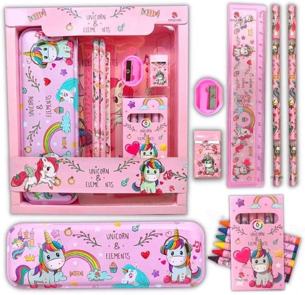 ROMYCRON Unicorn Stationery Kit Set for Girls 12 Pcs Pencil, Eraser, Sharpener, Color Set Geometry Box