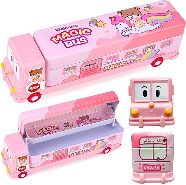RETRIX Cartoon Printed School Bus Metal Pencil Box with Moving Tyres and Sharpener Geometry Box