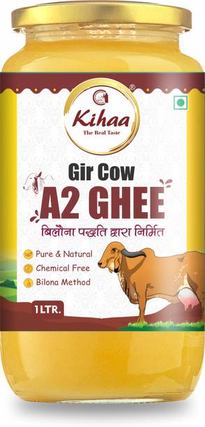 Kihaa A2 Ghee, 1000 ml, Made From Desi Cow Milk by Traditional Bilona Method Ghee Ghee Glass Bottle