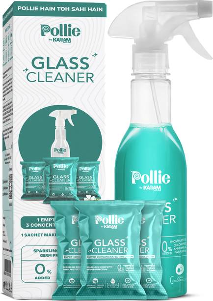 Pollie Glass Cleaner 1.5L | 1Empty Bottle+3 Sachets | For Home, Bathroom and Car
