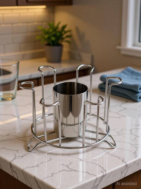 iSTAR Made Stainless Steel and Virgin Glass Holder for 6 Glasses and Glass Stand Steel for Kitchen/Dining Table ( pack of 1 ) Stainless Steel Glass Holder