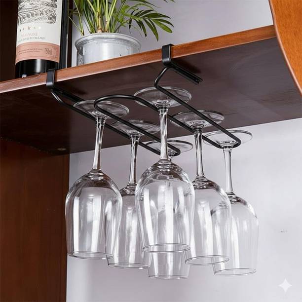 Acrylic Design Art Glass Holder Rack Under Cabinet Dual Hanger Metal Organizer Black (Pack of 1) Iron Glass Holder