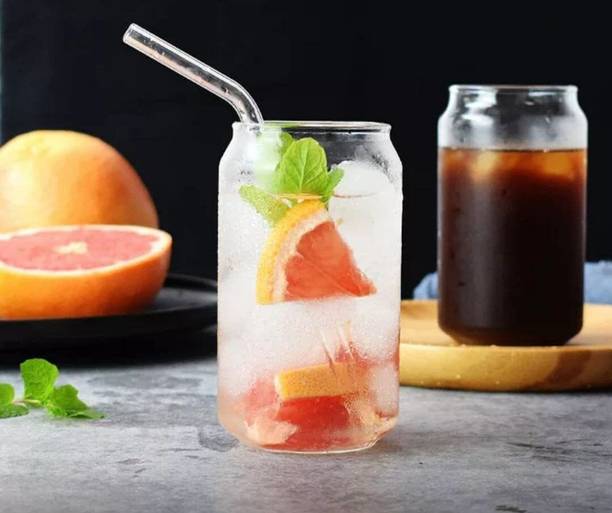 DHANSAL (Pack of 2) Glass Mug Can Juice Glass Tumbler Cups with Clear Straw Beer Water Glass, Glass Set Water/Juice Glass