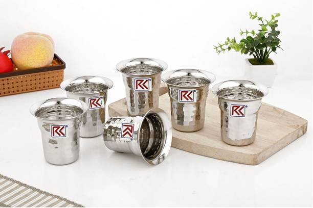 Rk (Pack of 6) Amaze Stainless Steel Hammered Finish Drinking Glasses for Home, Restaurants, Glass Water/Juice Glass 110 ml, Steel, Silver