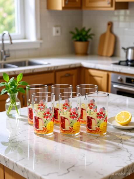 BELLERBIRD (Pack of 6) Premium quality classic Fruit Printing design Unbreakable Stylish Transparent Glass Set Water/Juice Glass