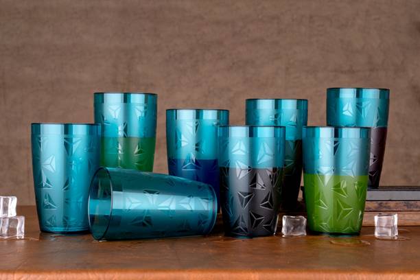 BELLERBIRD (Pack of 8) 100% Unbreakable Curved ShapePrism Pattern Water Juice Drinking Sky Blue Colored Glass Set Water/Juice Glass