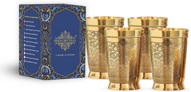 IndianArtVilla (Pack of 4) Set of Brass Glass,Embossed Design,330 ML Each Glass Set Water/Juice Glass