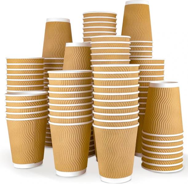 Eos (Pack of 75) 75 X 225ml Disposable Kraft Paper glass for Hot and Cold Drinks, Triple Walled Ripple glass for Coffee, Tea and Other Drinks Hot and Cold Disposable Tableware Glass Set Water/Juice Gl