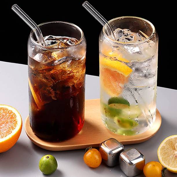 DHANSAL (Pack of 2) Can Shaped Glass Mug with Glass Straw | Glass Tumbler for Juice, Cold Coffee Glass Set Water/Juice Glass