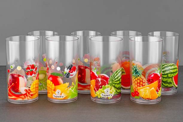 Sorath (Pack of 8) Pack of 8 Print Transparent Water/Juice Glass Plastic Glass Set(300 ml) Glass Water/Juice Glass