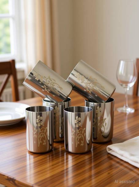 LIMETRO STEEL (Pack of 6) High Quality Mirror Polish Lazer Serving,Tumbler,Unbreakable Water Drinking Glass Set Water/Juice Glass