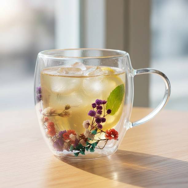 TINSUHG Flowers Double Wall Clear Glass Coffees Glass Cups with Handle Glass Water/Juice Glass