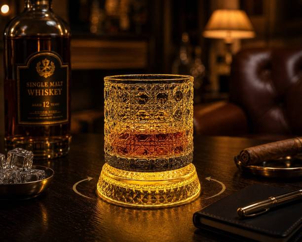 IndElite Luxury Rotating Crystal Cut Spinning Whisky Glass with LED Light Coaster Premium Glass Set Whisky Glass