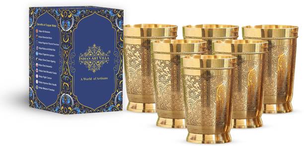 इंडियानार्टविला Brass Glass Tumbler, Embossed Design, 330 ML Each, Set of 6 ग्लास