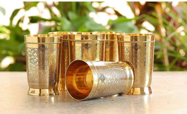 Shuddh Dhaatu (Pack of 6) Brass Water Glass Emboss Design (1 kg) Glass Set Water/Juice Glass