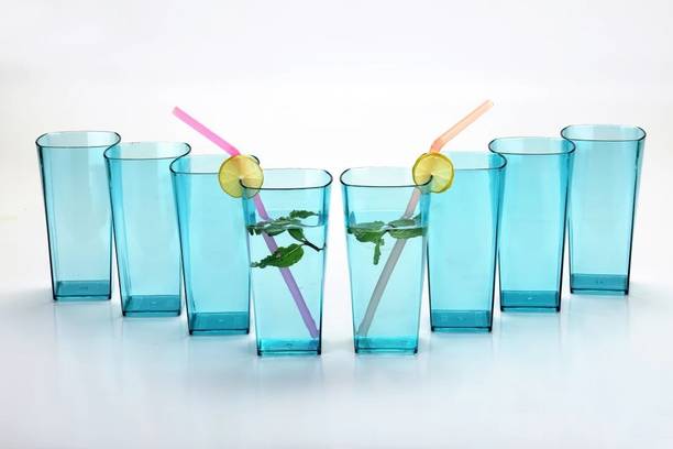 Sentricus (Pack of 8) SQUARE Shape Plastic UNBREAKABLE Water Glasses Sky Blue Set of 8 Glass Set Water/Juice Glass