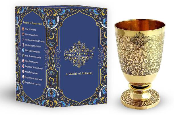 IndianArtVilla Brass Embossed Designer Shine Finish Tumbler, Drinkware & Serveware, 350 ML , Goldq Glass Water/Juice Glass