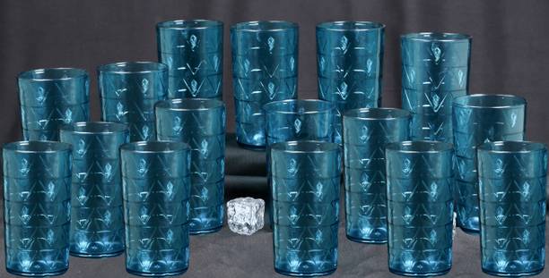 BELLERBIRD (Pack of 16) Light Blue Prism With Morpicch Designe Shape Water Glass For Kitchen Glass Set Water/Juice Glass