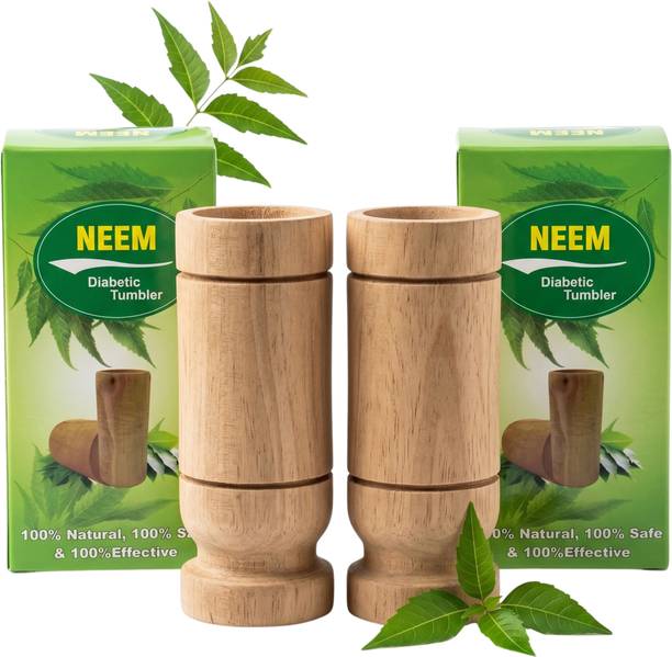 SAVRIA (Pack of 2) Slimming Neem Wood Glass for weight loss 100ml | Ayurvedic Detox Wooden Tumbler Glass Set Water/Juice Glass