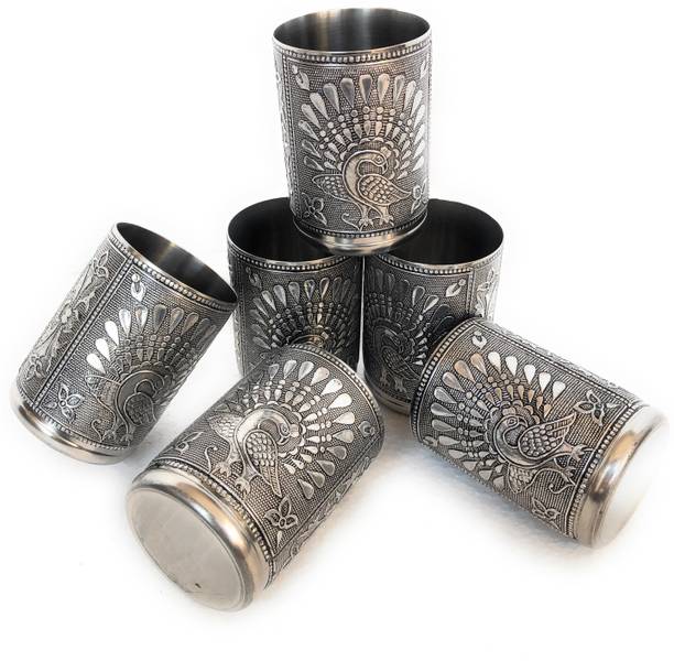 NAVRANG (Pack of 6) Glasses Set Of 6, Decorative Glass, Steel Water Glass, Juice Glass,Diwali Gift, Glass Set Water/Juice Glass