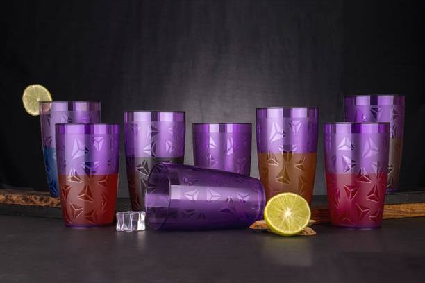 BELLERBIRD (Pack of 8) Prism Pattern Water Juice Drinking Sky Blue Colored Glass Set Water/Juice Glass